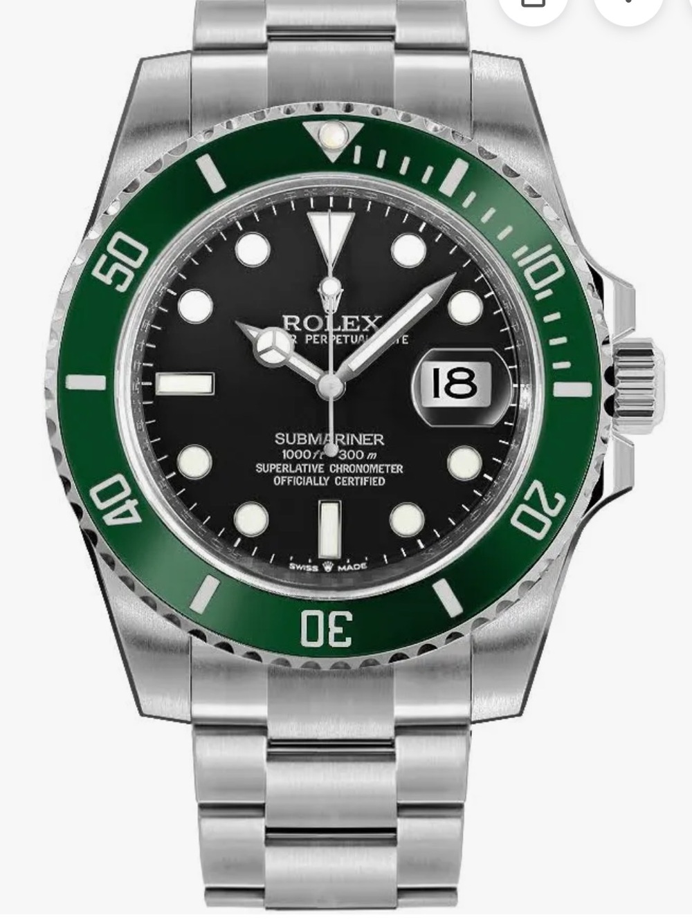 Rolex Submariner Stainless Steel Watch with Green Bezel and Black Dial